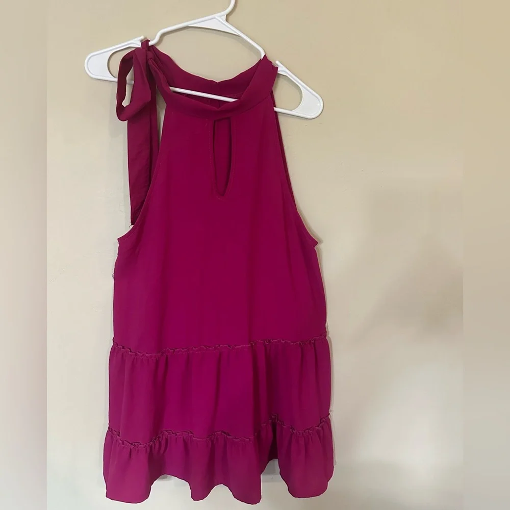 St. Tropez Sleeveless Tie-Shoulder Tiered Mini Dress - Fuchsia - Picture 3 of 5